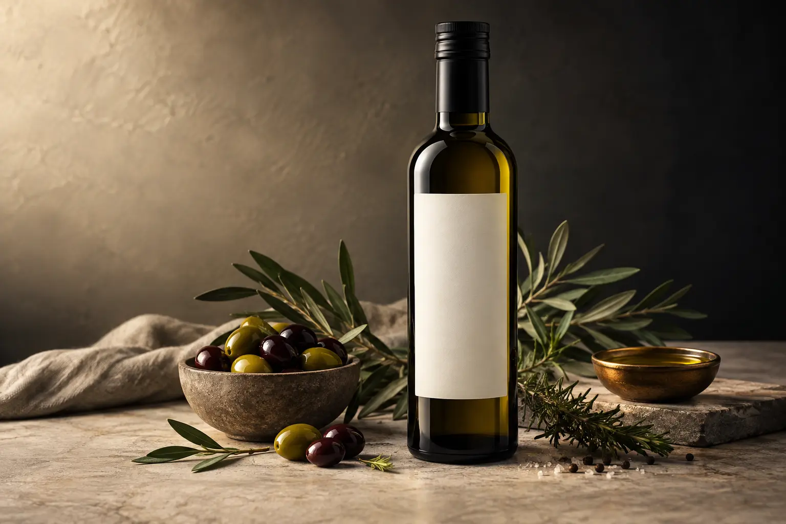 Unbranded olive oil product photography art-direction sample